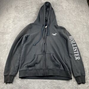 Hollister California Full Zip Hoodie Sweatshirt Womens Medium Black White Logo